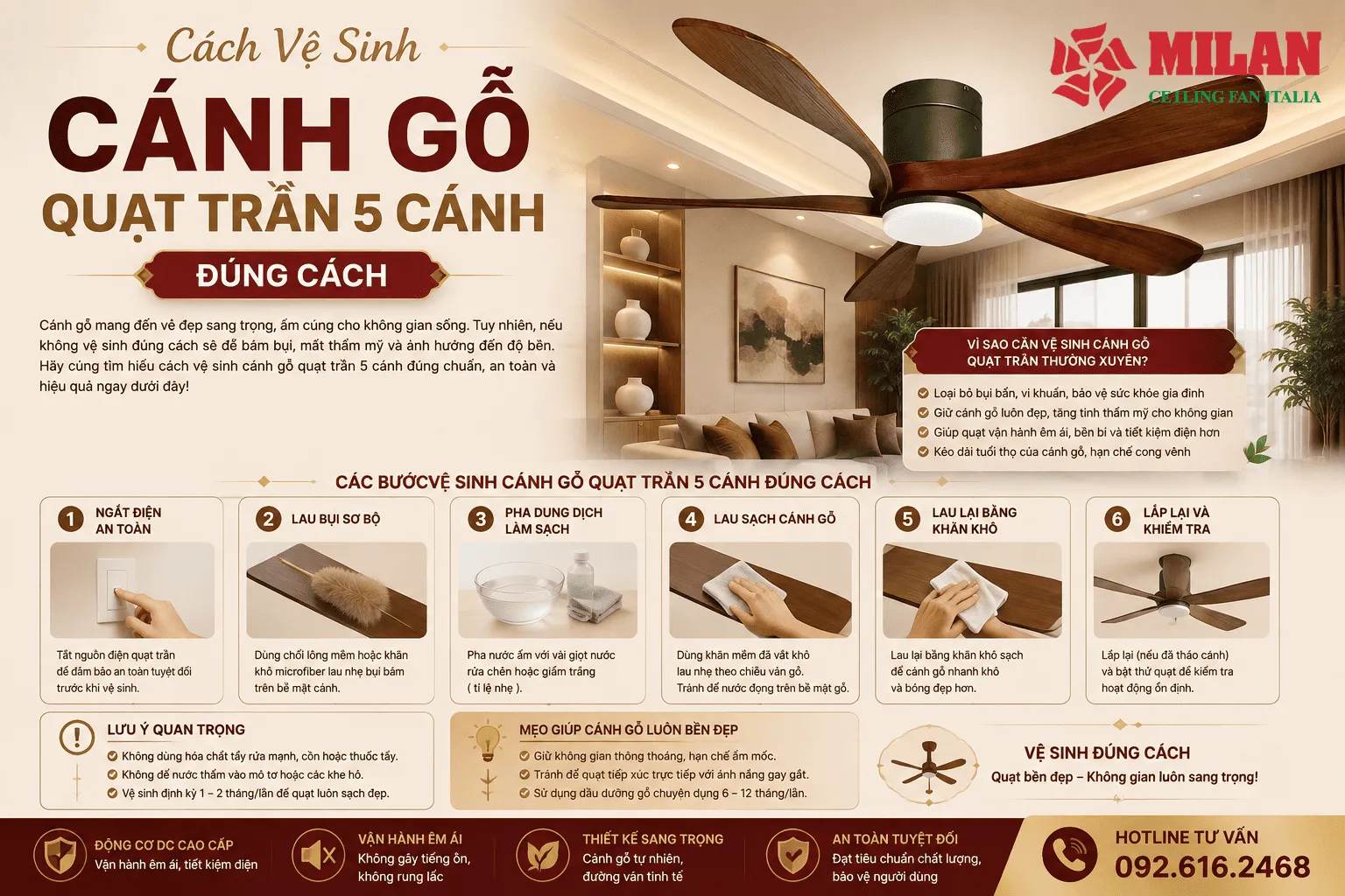 cách vệ sinh cánh gỗ quạt trần 5 cánh